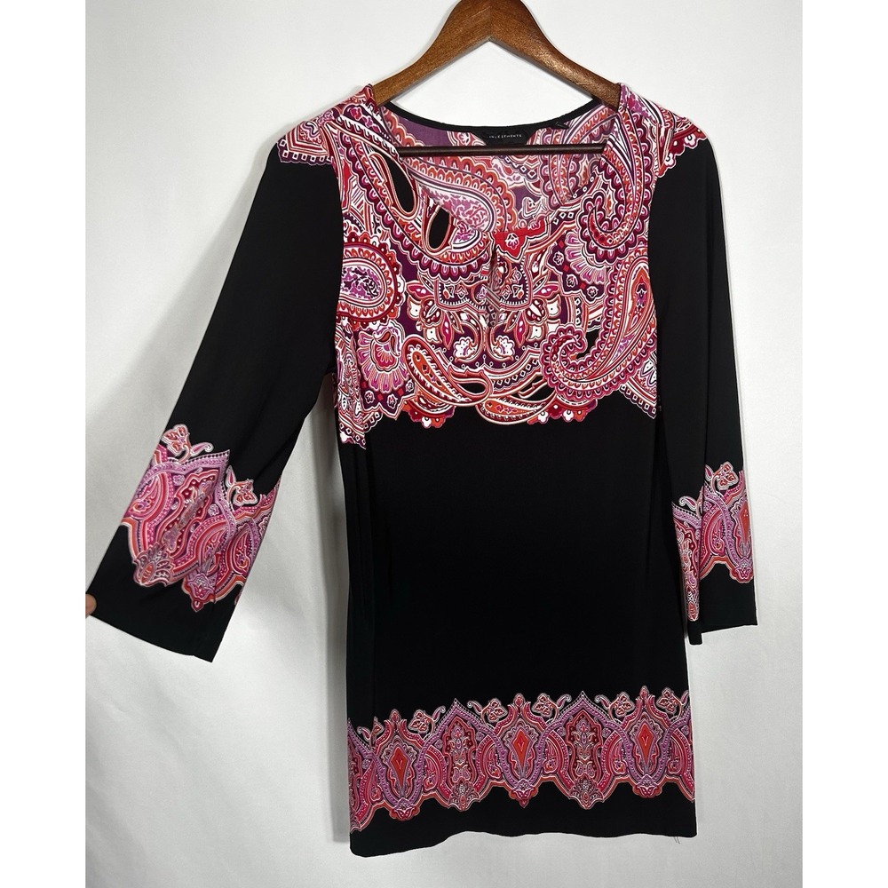 Investments Womens Liquid Knit Tunic Top Size S Boho Paisley Print 3/4 Sleeve